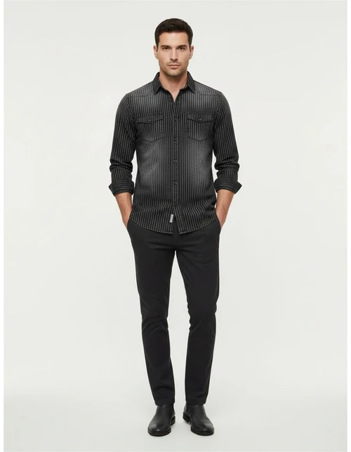 Washed Striped Long-Sleeve Men's Shirt with Distressed Detail