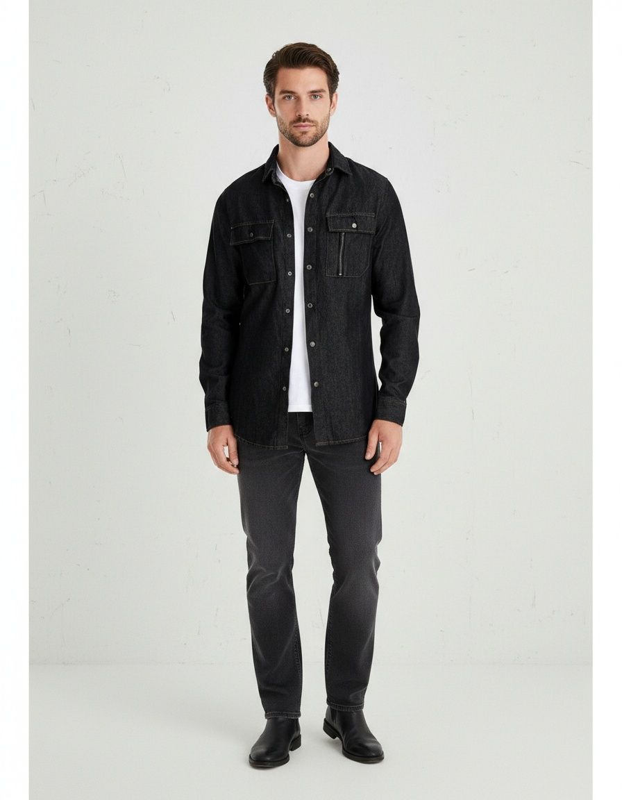 Washed Denim Long Sleeve Casual Men's Shirt