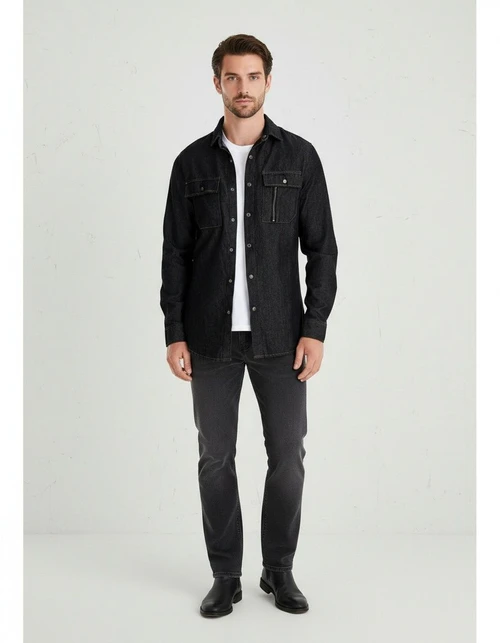 Chemise décontractée à manches longues en denim délavé pour homme