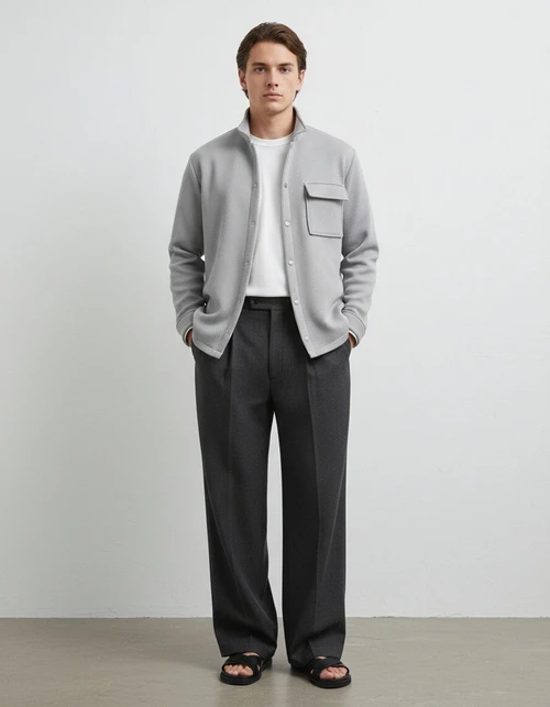 Waffle Knit Fleece-Lined Winter Shirt with Lapel and Pockets for Men