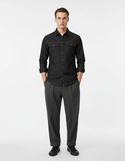 Washed Denim Long-Sleeve Men's Shirt for Autumn Casual Wear