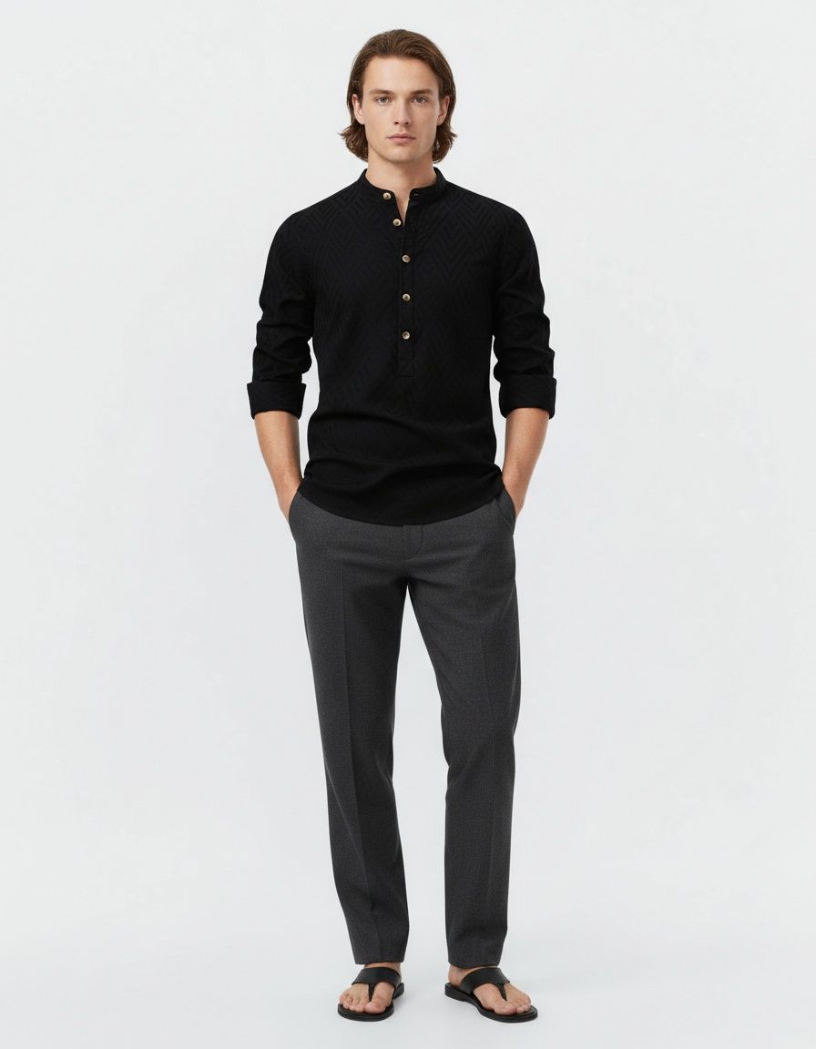 Casual Solid Color Stand Collar Long Sleeve Men's Shirt