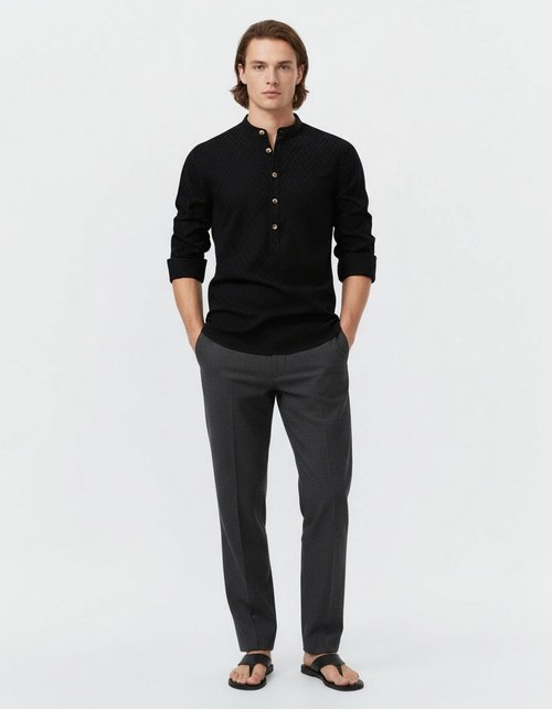Casual Solid Color Stand Collar Long Sleeve Men's Shirt