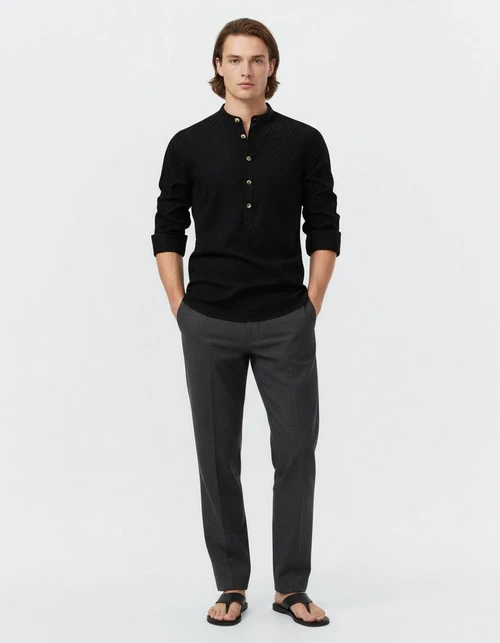 Casual Solid Color Stand Collar Long Sleeve Men's Shirt