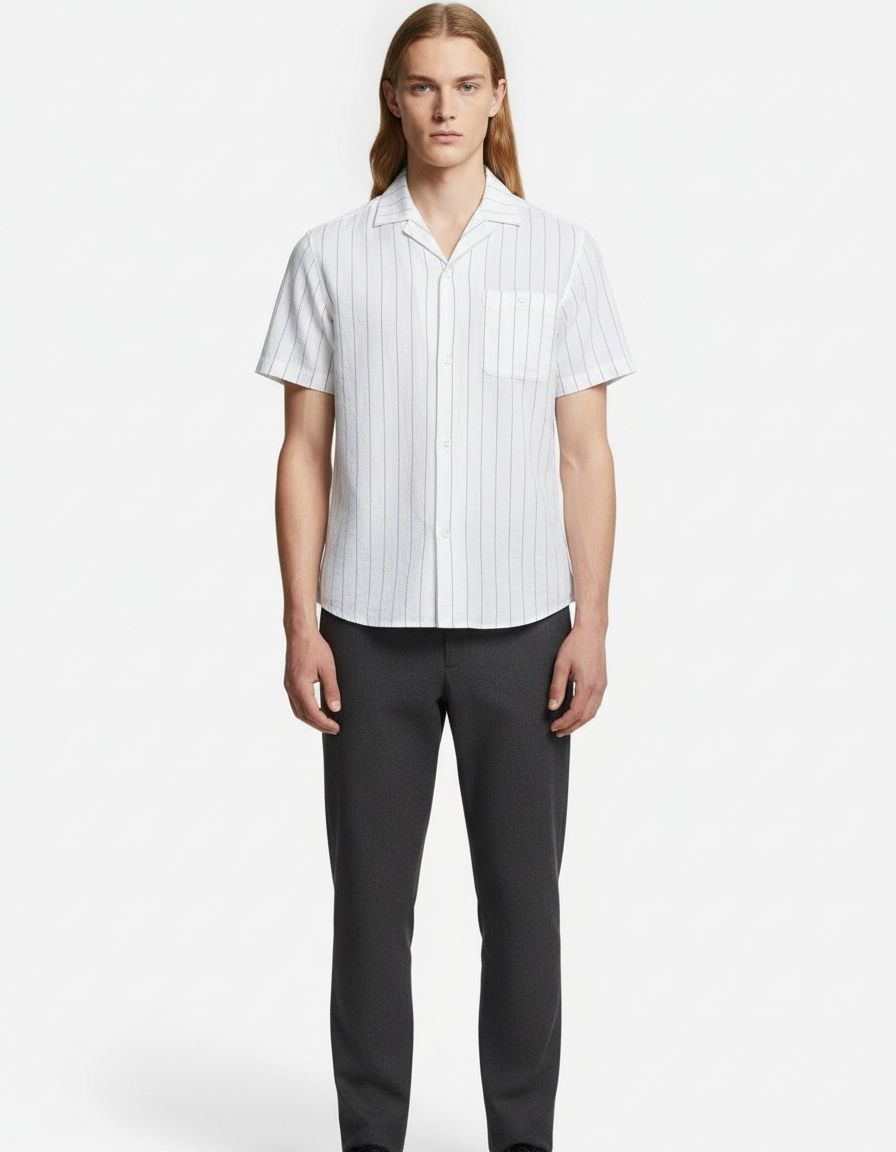 Striped Cuban Collar Short-Sleeve Men's Shirt for Summer Casual Wear