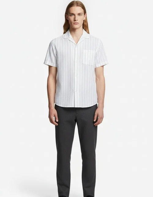 Striped Cuban Collar Short-Sleeve Men's Shirt for Summer Casual Wear