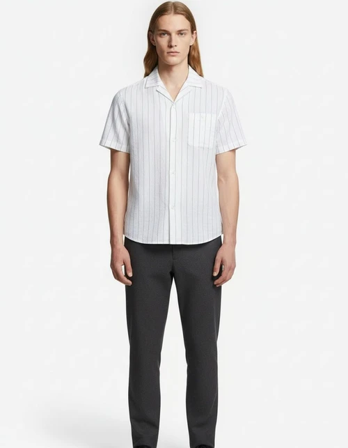 Striped Cuban Collar Short-Sleeve Men's Shirt for Summer Casual Wear