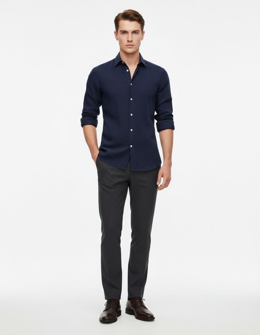 Wrinkled Texture Relaxed Fit Business Casual Men's Long-Sleeved Shirt