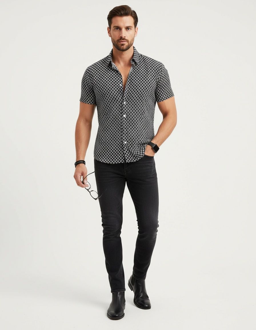 Casual Polka Dot Print Breathable Men's Short-Sleeve Shirt