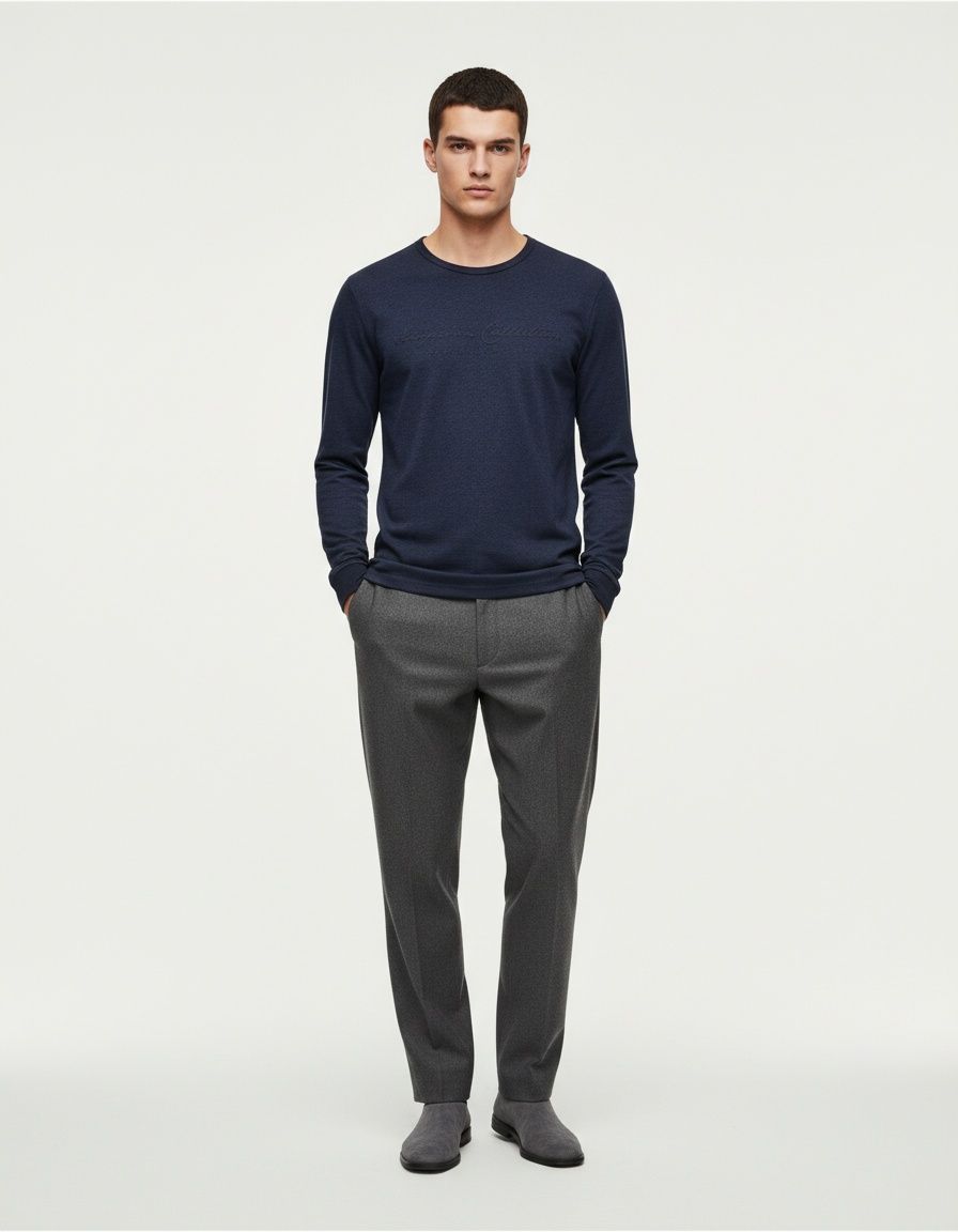 Crew Neck Long-Sleeved Men's T-Shirt with Casual Letter Print Base Layer