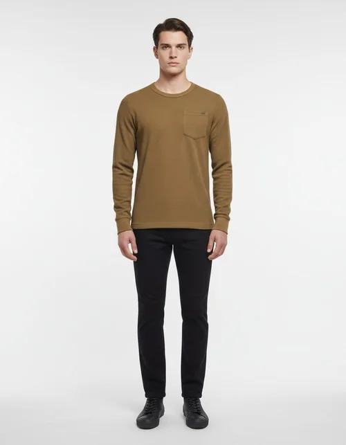 Waffle Knit Crew Neck Breathable Men's Long-sleeved T-shirt