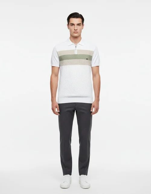Striped Business Style Breathable Thin Half-Zip Men's T-Shirt with Lapel Collar for Summer