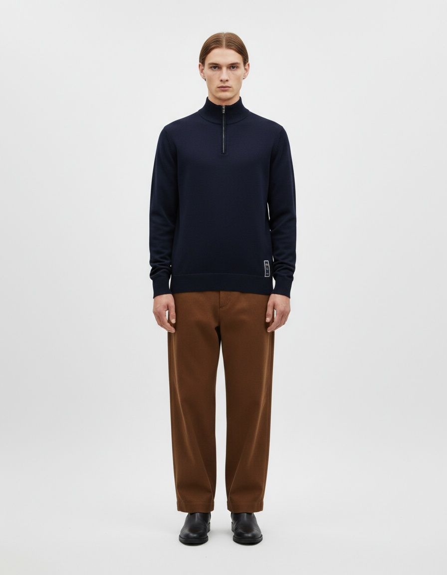 Slim Fit Knitted Top with Half Zipper and Stand Collar for Men