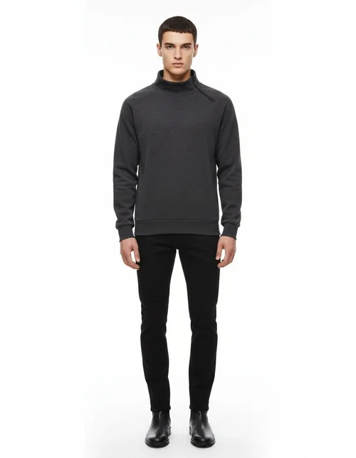 Diagonal Zipper Fleece-Lined Winter Sweatshirt with Stand Collar for Men's Outerwear