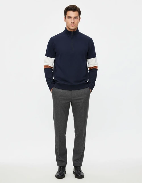 Color Block Long-Sleeved Polo Neck Men's Sweatshirt for Autumn and Winter Casual Wear