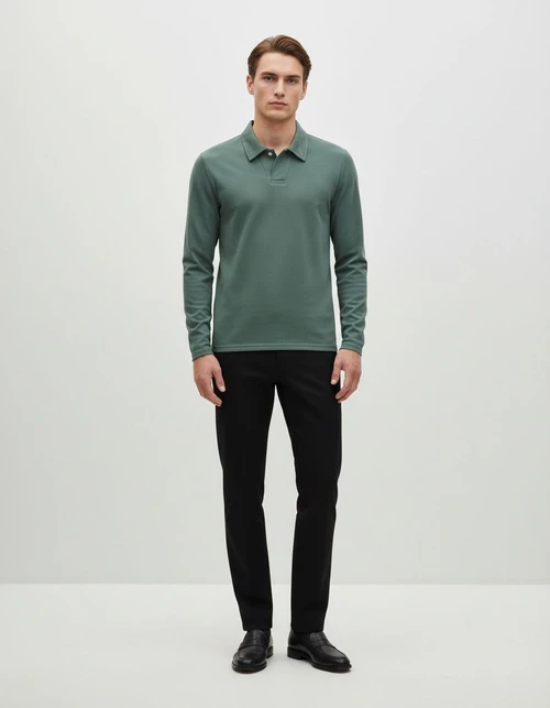 Solid Color Long-Sleeved Men's Polo Shirt with Lapel Collar