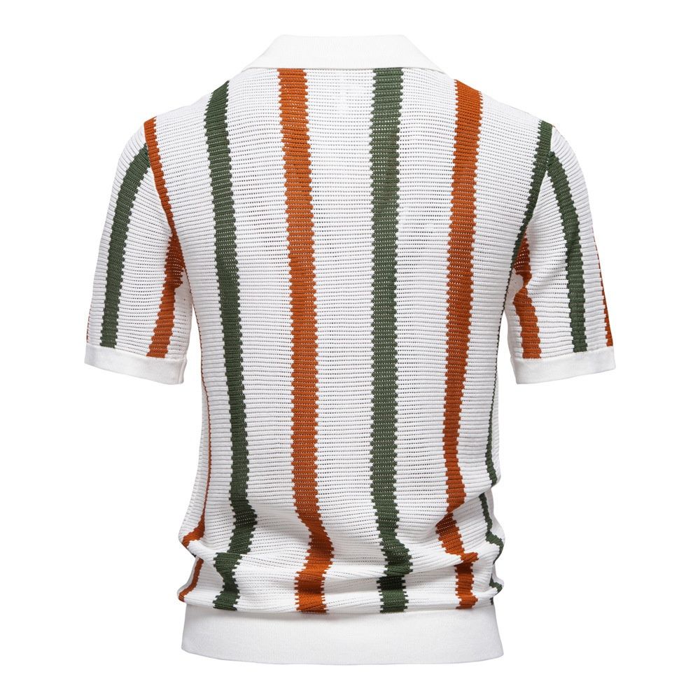 Breathable Hollow-Out Striped Knit Men's Polo Shirt for Summer