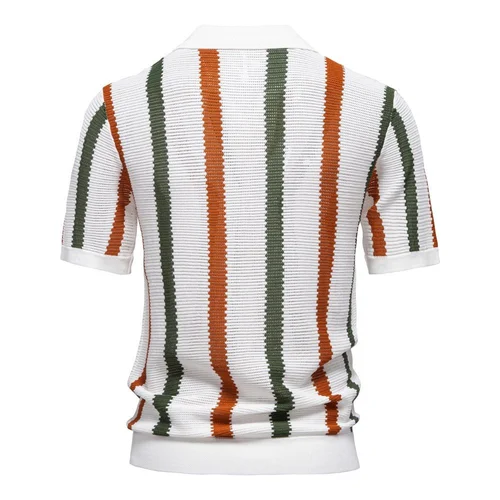 Breathable Hollow-Out Striped Knit Men's Polo Shirt for Summer