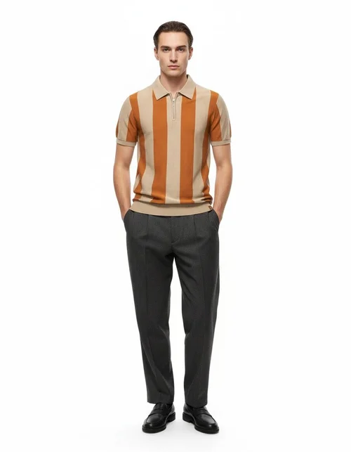 Striped Breathable Knitted Short-Sleeve Men's Polo Shirt for Summer Casual Wear