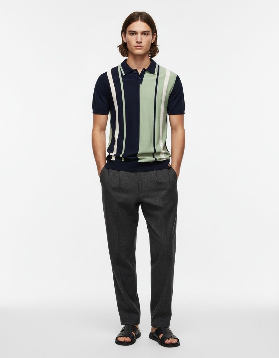 Men's Summer Short-Sleeve Striped Trim Knitted Polo Shirt