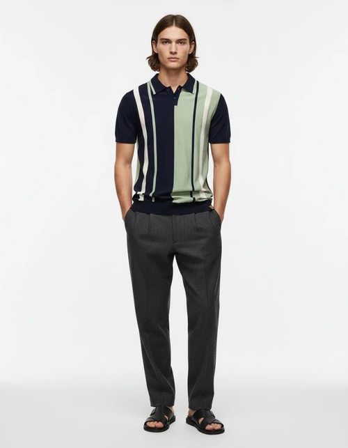 Men's Summer Short-Sleeve Striped Trim Knitted Polo Shirt
