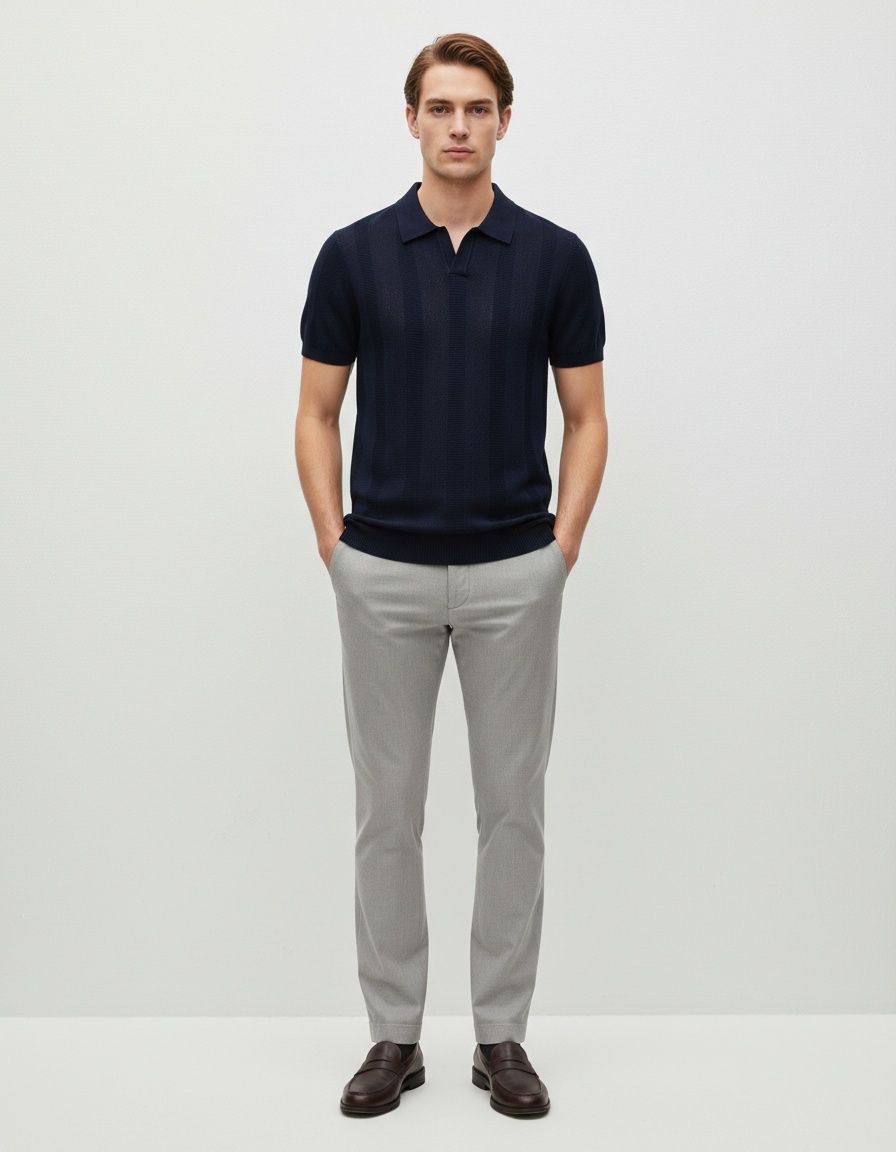 Summer Hollow-Out Striped Knit Men's Polo Shirt with Breathable Short Sleeves