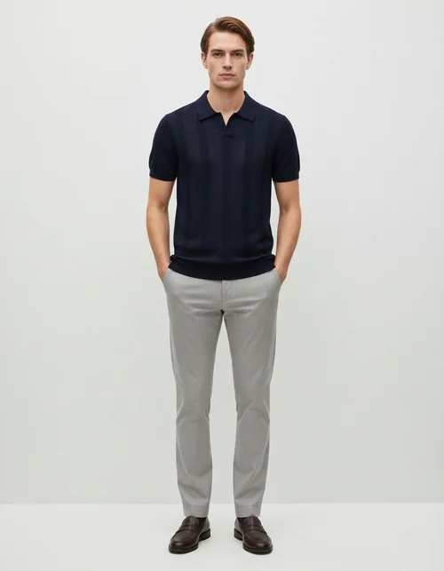 Summer Hollow-Out Striped Knit Men's Polo Shirt with Breathable Short Sleeves