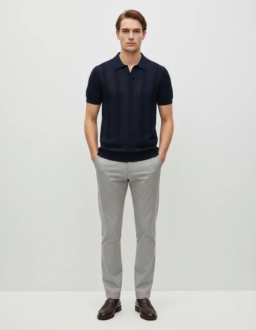 Summer Hollow-Out Striped Knit Men's Polo Shirt with Breathable Short Sleeves