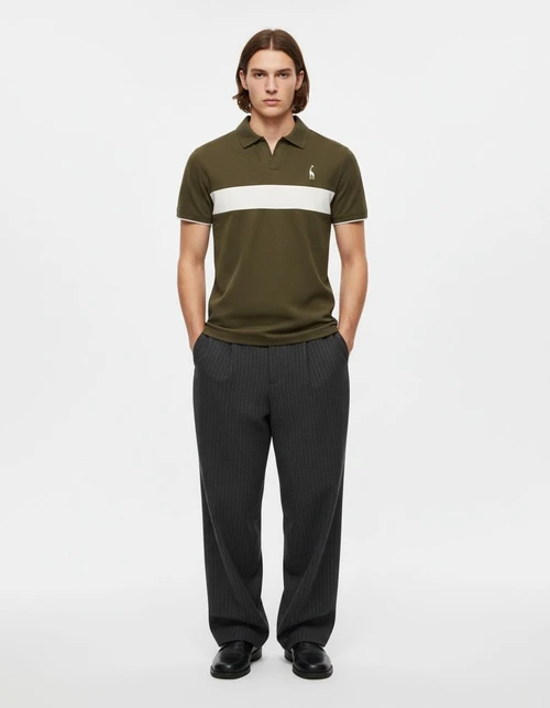 Short-Sleeve Patchwork V-Neck Men's Polo Shirt with Deer Embroidery for Summer