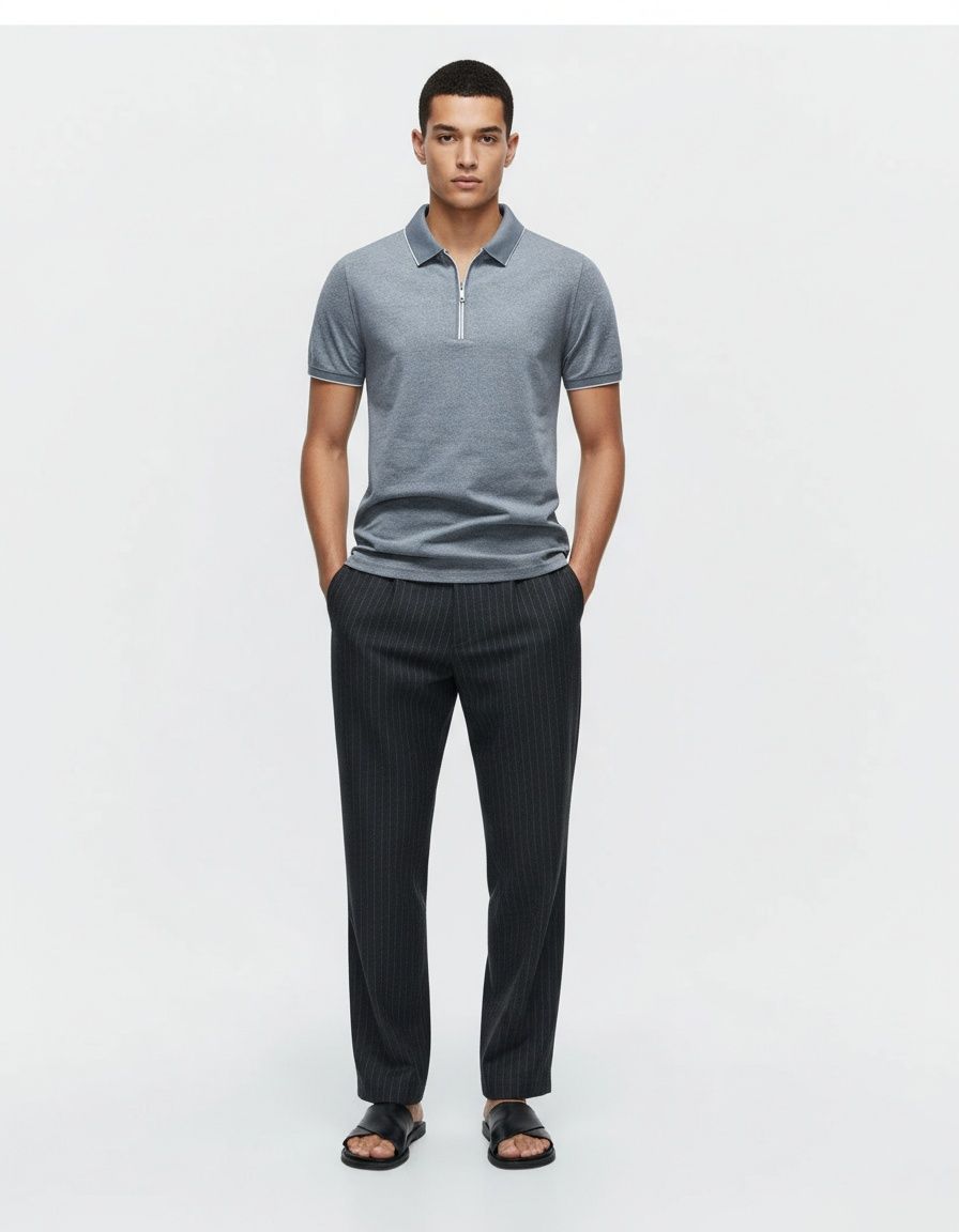 Quarter-Zip Business Casual Men's Polo Shirt with Breathable Short Sleeves