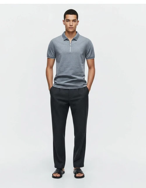 Quarter-Zip Business Casual Men's Polo Shirt with Breathable Short Sleeves