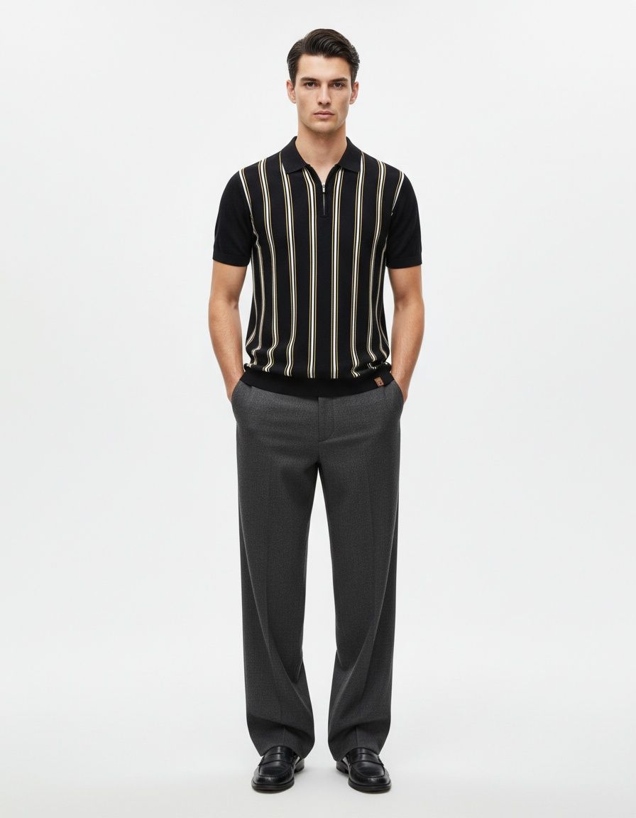 Striped Knitted Short-Sleeve Polo Shirt with Zipper for Men