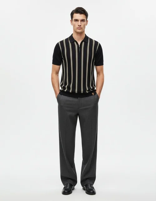 Striped Knitted Short-Sleeve Polo Shirt with Zipper for Men