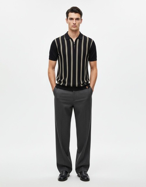 Striped Knitted Short-Sleeve Polo Shirt with Zipper for Men