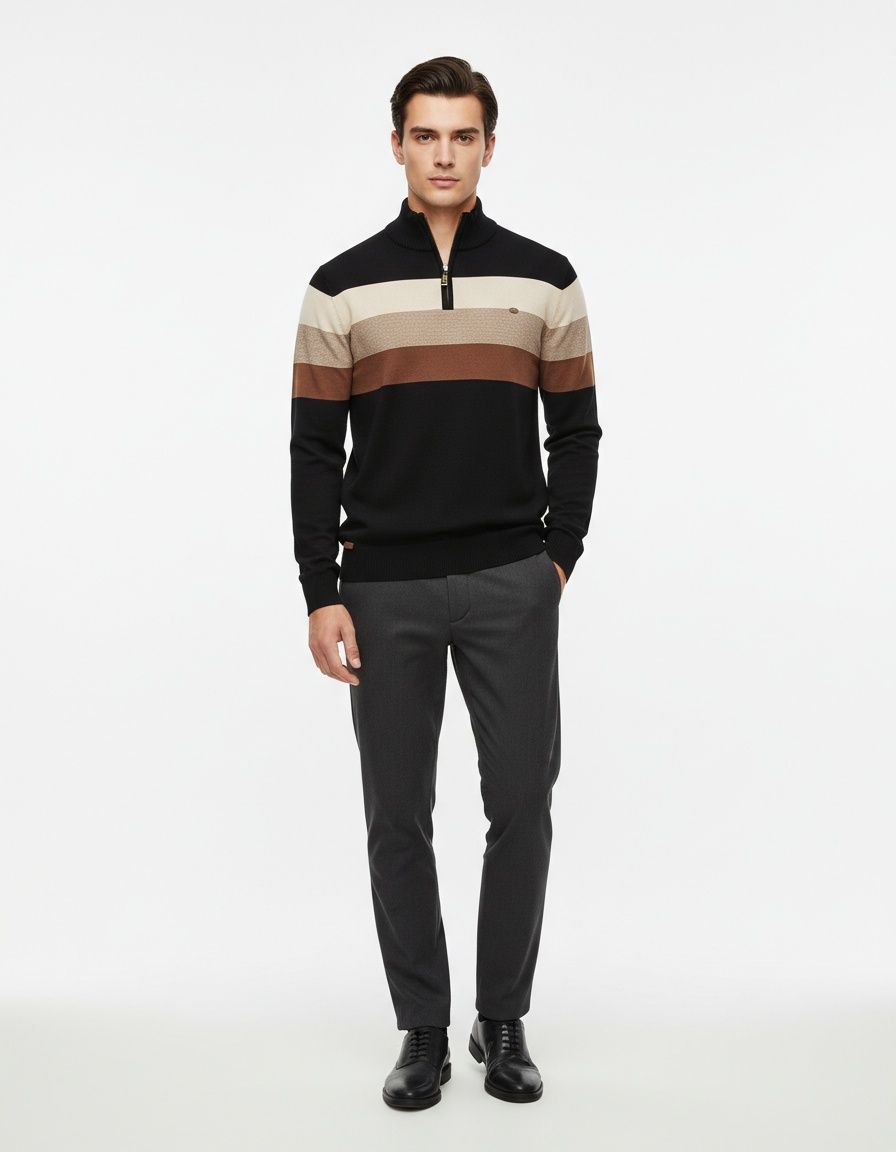 Premium Stand-up Collar Autumn and Winter Pullover Men's Sweater with Open Chest Detail