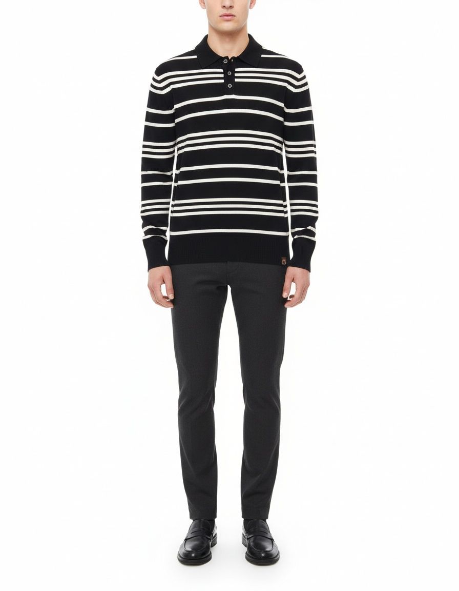 Striped Knit Polo Collar Men's Sweater for Autumn and Winter Casual Wear