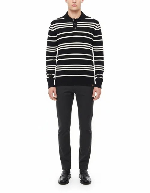 Striped Knit Polo Collar Men's Sweater for Autumn and Winter Casual Wear