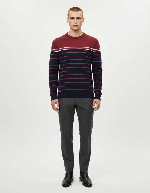 Striped Color Block Crew Neck Long-Sleeve Men's Knit Sweater for Autumn and Winter Casual Wear