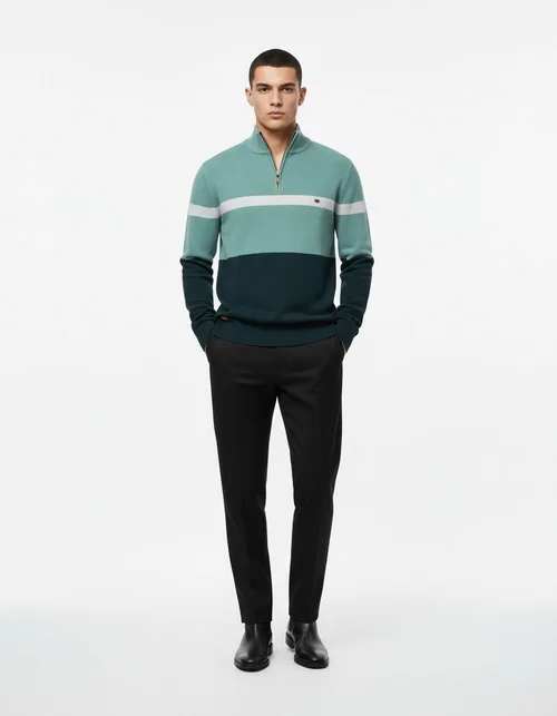 Premium Stand Collar Color Block Half-Zip Men's Knit Sweater for Autumn and Winter Casual Wear