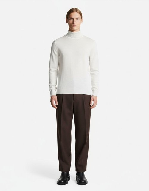 Warm Slim Fit Mock Neck Winter Knitwear, Long Sleeve Men's Sweater with Multi-Color Ribbing