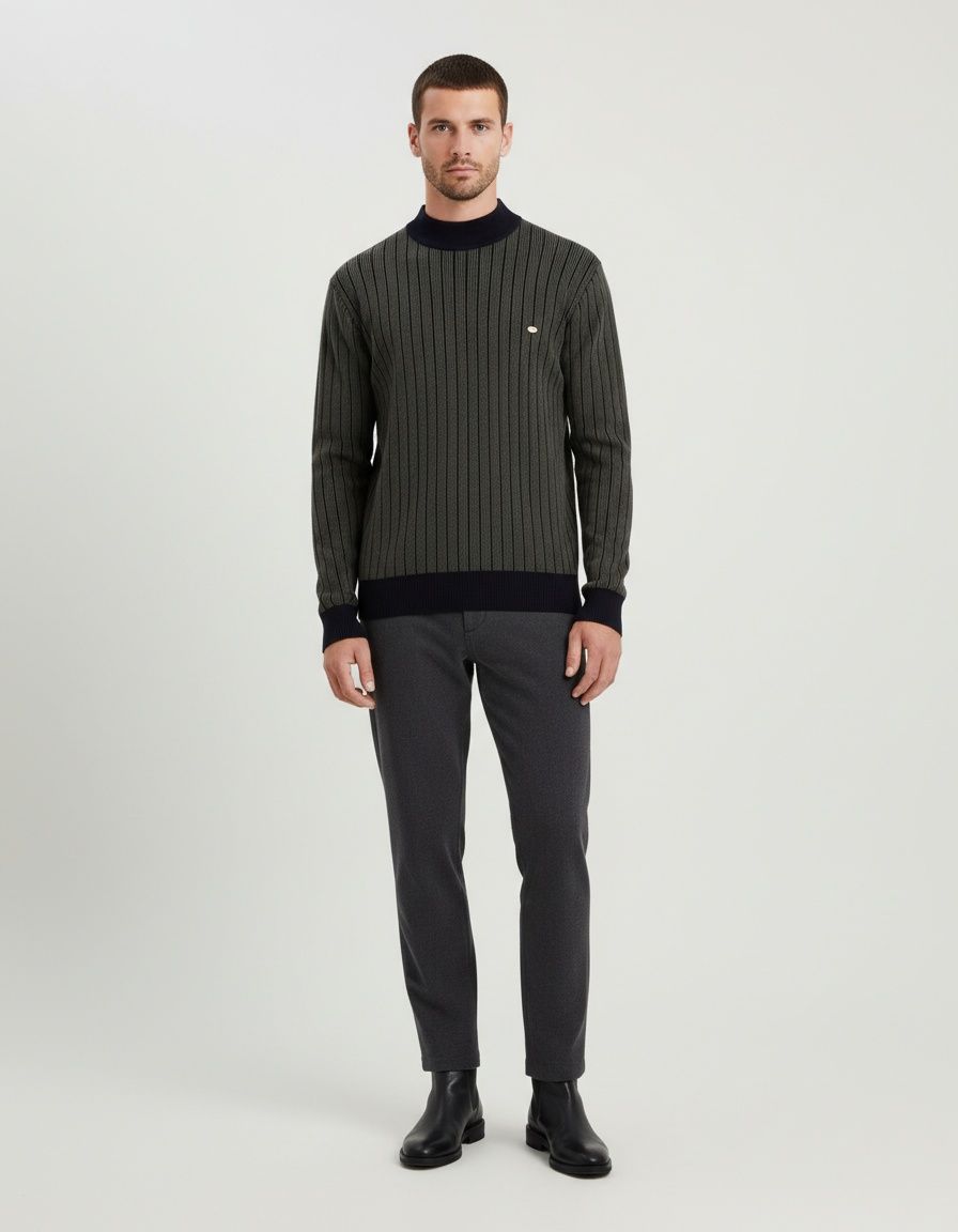 Men's Slim Fit Striped High-Neck Pullover Sweater for Autumn and Winter