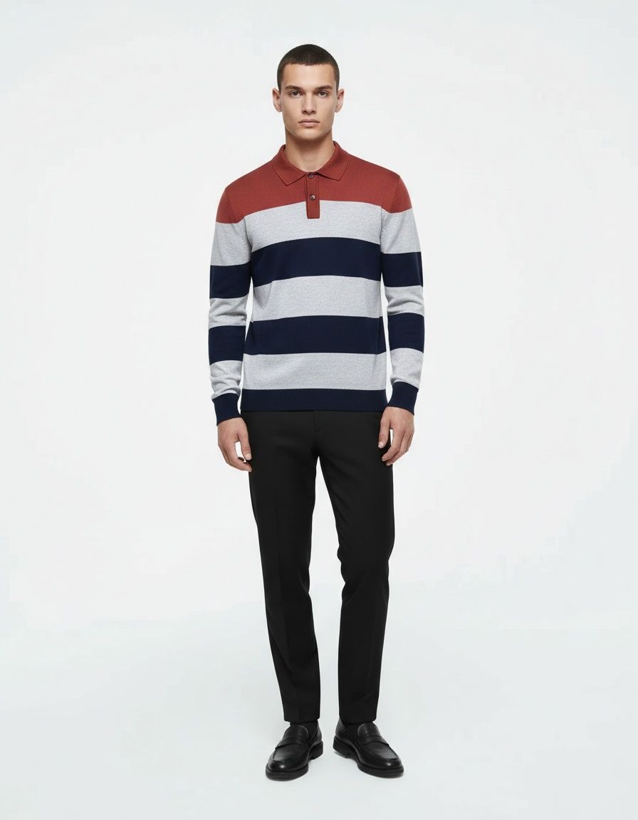 Men's Slim Fit Striped Patchwork Casual Autumn Polo Sweater