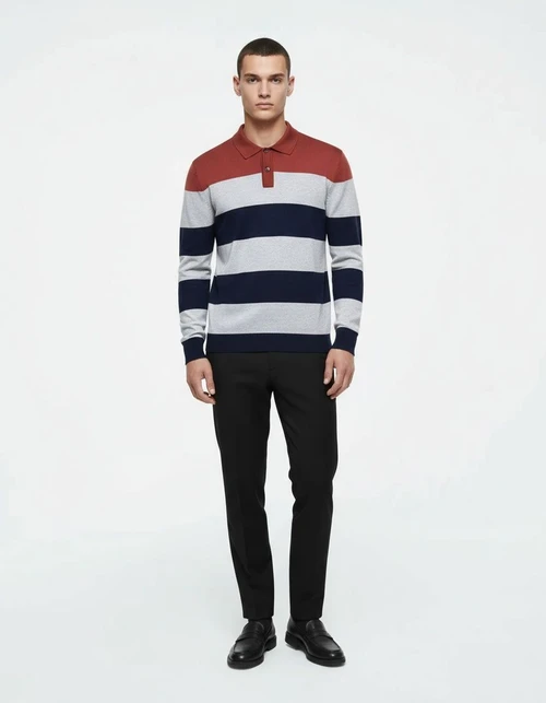 Men's Slim Fit Striped Patchwork Casual Autumn Polo Sweater