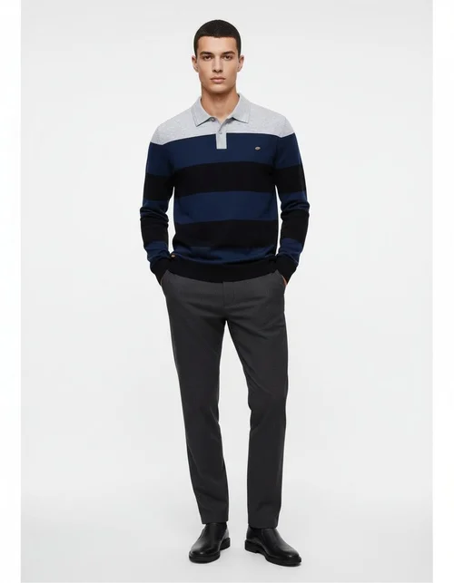 Men's Slim Fit Striped Patchwork Casual Autumn Polo Sweater