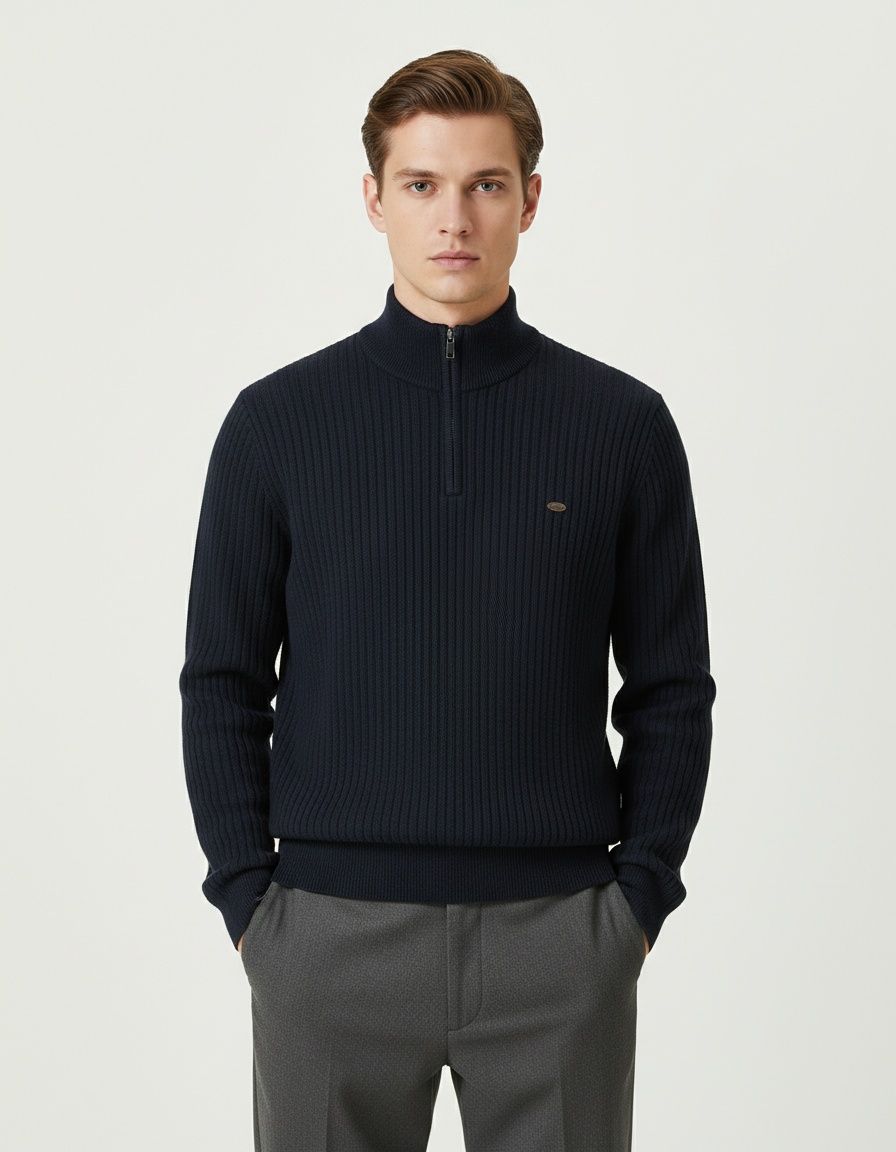 Premium Striped Jacquard Half-Zip Stand Collar Winter Men's Sweater