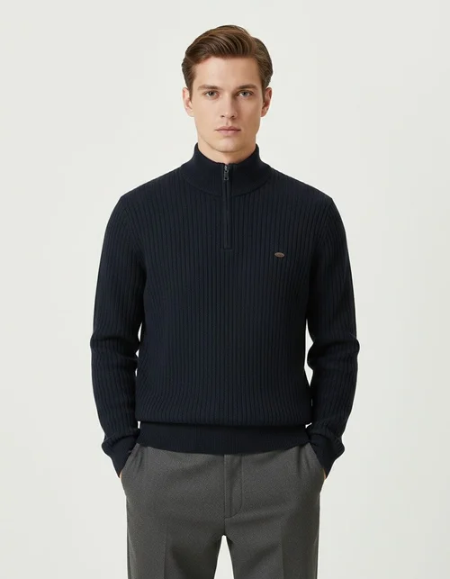Premium Striped Jacquard Half-Zip Stand Collar Winter Men's Sweater
