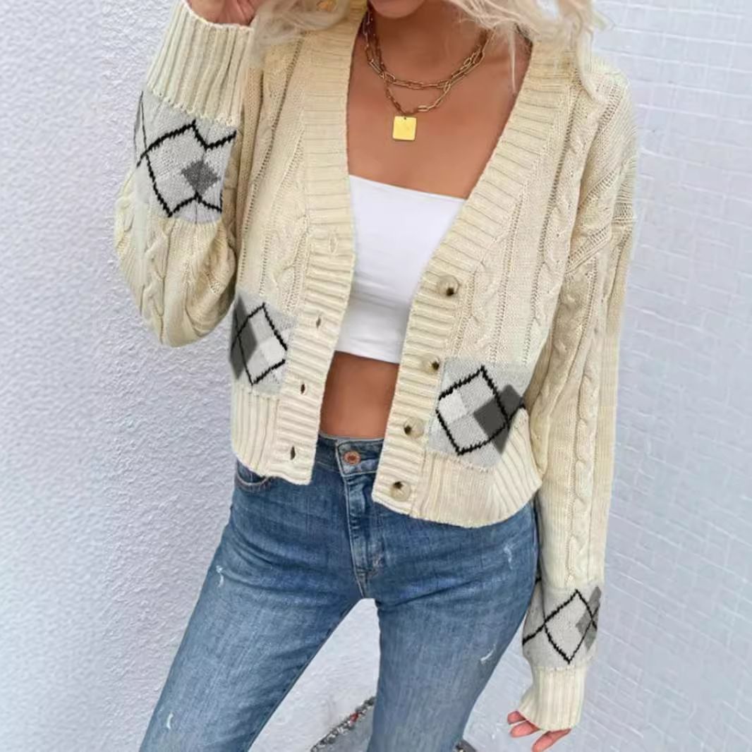 Linen Cable Knit Cropped Cardigan - Long Sleeve Open Front