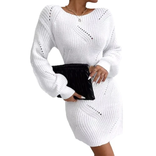 Knitted Hollow Out Long Sleeve Casual Sweater Dress