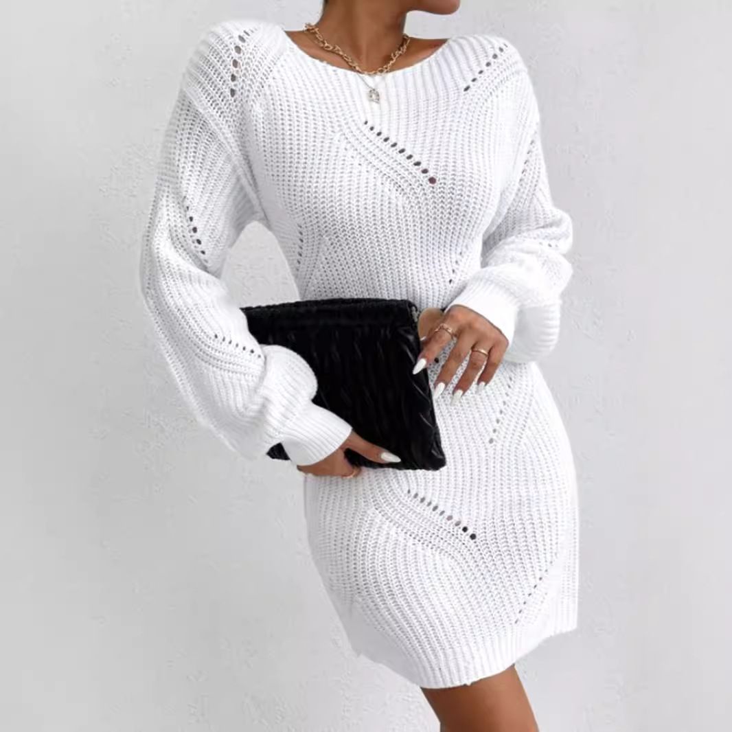 Robe pull décontractée à manches longues ajourées en maille