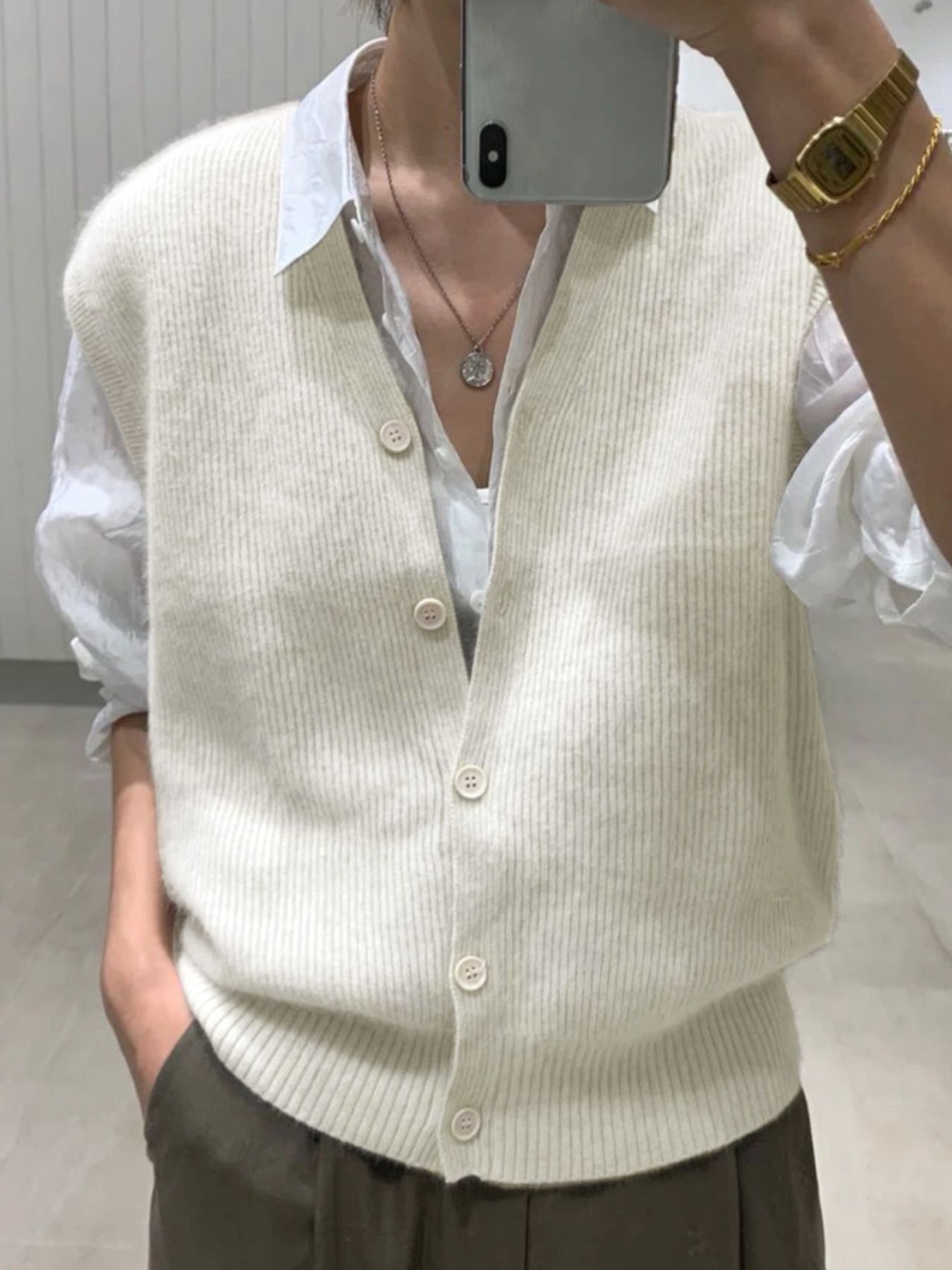 Ribbed Knit Button Down Vest Sleeveless V Neck Cardigan SSU-00045